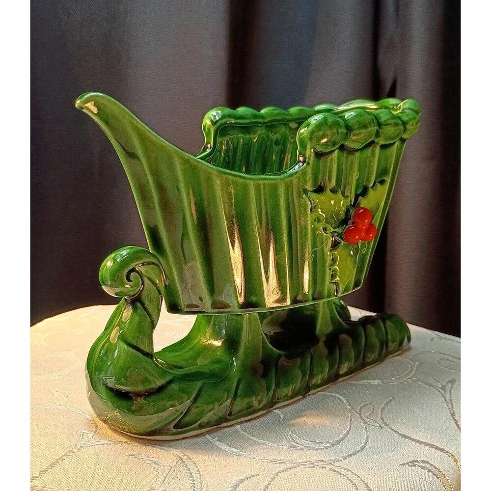 Vintage Holt Howard Ceramic Green Candle Holder Planter Sleigh, MCM Christmas